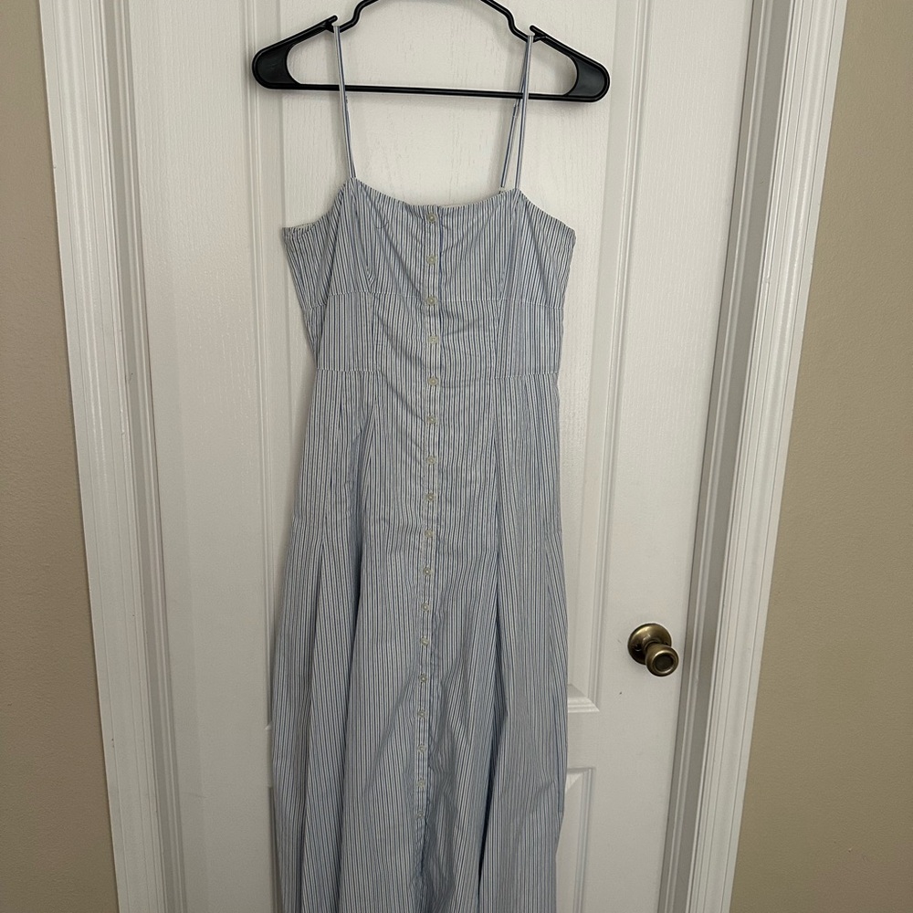 J. CREW Striped Linen Button Front Maxi Dress Coastal Preppy Blue White - Picture 5 of 6